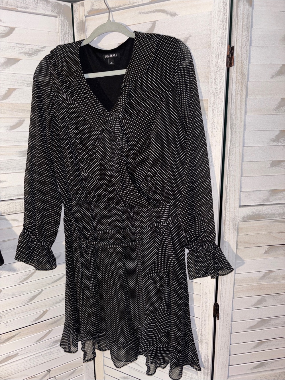 ROZ & ALI Black Polka Dot Long Sleeve Wrap Dress